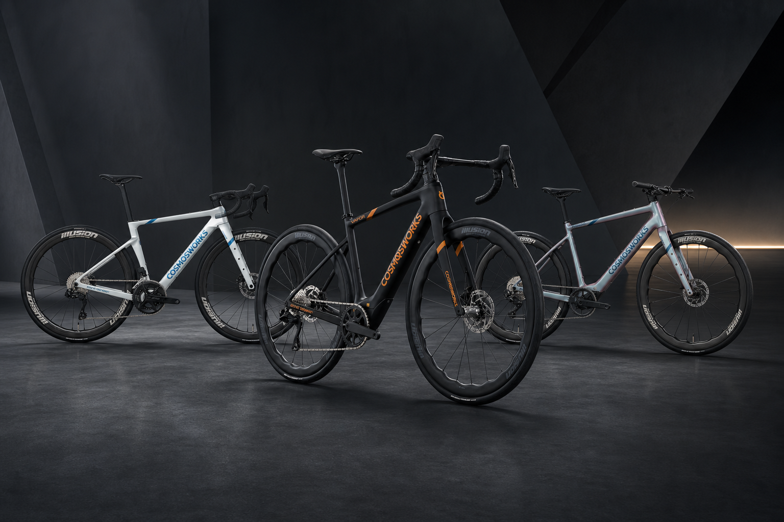 三款宇宙 E-BIKE 自行车陈列